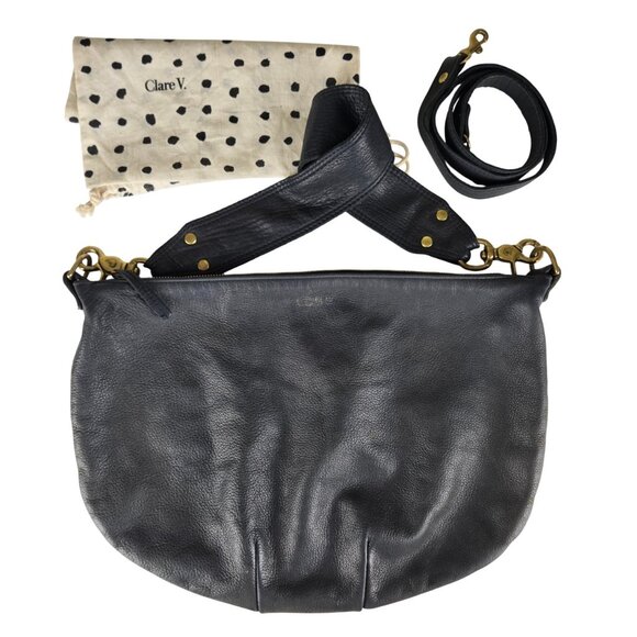 Claire V Moyen Messenger Crossbody Zip Top Tote Bag Black Leather - Picture 1 of 14